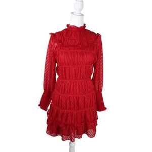 Walter Baker Sheer Red Dress Mini Lantern Puff Sleeve Tiered Size 2